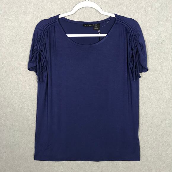 Tahari Shirt‎ Womens Small Blue Ruched Short Sleeve Basic Everyday Soft Stretch - Picture 1 of 10